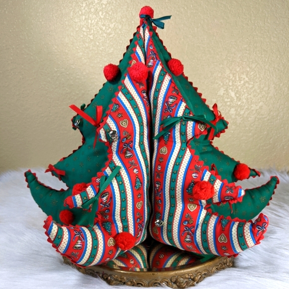 Christmas Tree Hand Sewn Plush Pom Poms Bells Rick Rack Vintage 70's 80's - Picture 2 of 5